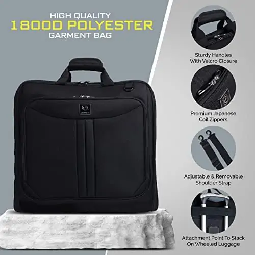 ZEGUR Suit Carry On Garment Bag for Travel & Business Trips With Shoulder Strap and Rolling Luggage Attachment Point - Black - Image 4
